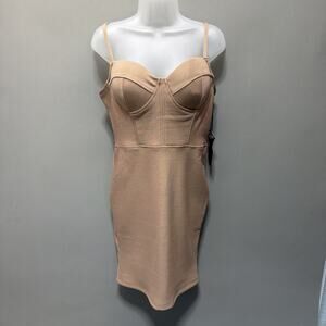 Haute Monde Woman’s Sz L Built In Bra Taupe Back Zip Bodycon Dress Stretch NWT